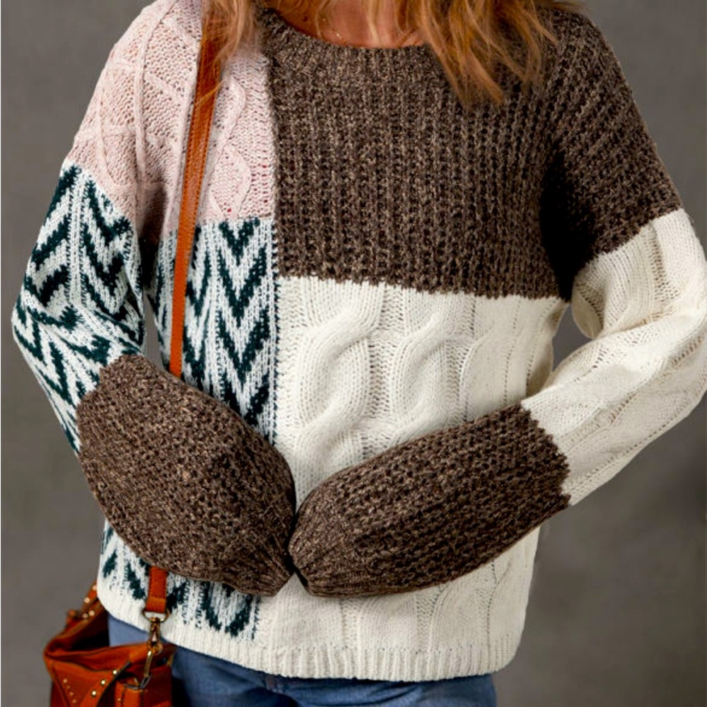 3 Pack Brown Patchwork Color block Knit Loose Fit Knotted Back Sweater